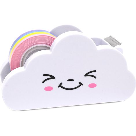 Dispensador de cinta adhesiva de escritorio, Dispensador de cinta adhesiva con forma de nube divertida, Soporte pequeño para rollos con 1 rollo de cinta arcoíris para estudiantes, Blanco (1/5)