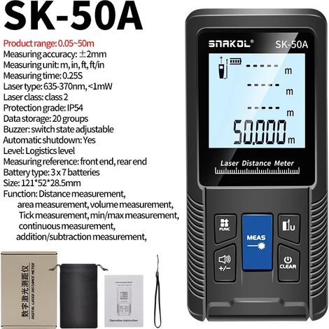SNAKOL 3-in-1 Laser-Entfernungsmesser mit Maßband: 40/50/70/100/120 Meter, SK-50A 50-Meter Tragbares digitales elektronisches Messgerät (1/5)