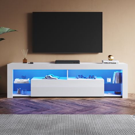 SONNI Modern TV Schrank mit LED-Lichtern, Offenes Glasregal und Herunterklappbarem Türfach, Geeignet für Wohnzimmer und Schlafzimmer, Weiß, 1800 x 350 x 505 mm (1/5)