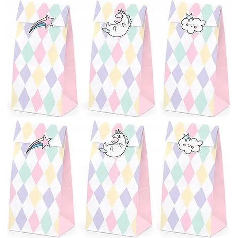Papiertüten mit Süßigkeiten, Einhorn-Geburtstagsmotiv, 6 Stück. (1/5)