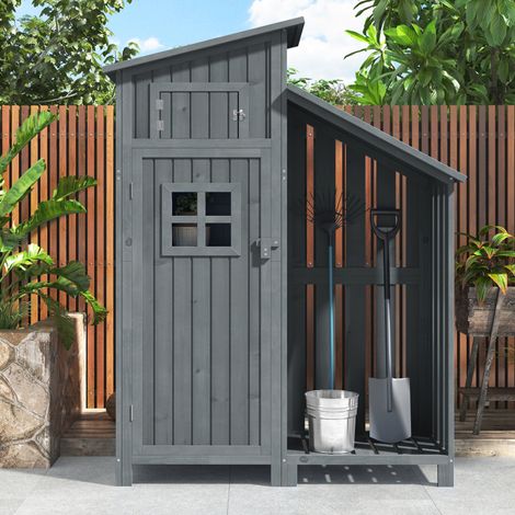 Abri de jardin en bois de sapin - remise à outils avec 2 étagères intégrées - H 173 cm - toit imperméable en PVC - Gris