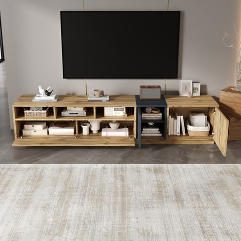 Mobile TV in truciolare nero e grigio con piano effetto legno naturale, 200x45x45 cm, con vani aperti e ante (1/5)