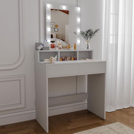 Toeletta Tavolino Da Trucco Tavolo Con 9 Luci LED Con Luminosità Regolabile Specchio 2 Cassetti 3 Scomparti A Giorno Postazione Make Up In Legno Design Moderno 40 x 80 x 145 Cm Bianco