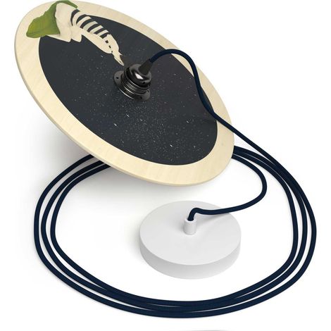 creative cables - Lampada a sospensione Made in Italy completa di cavo tessile, paralume in legno UFO double-face e finiture in metallo