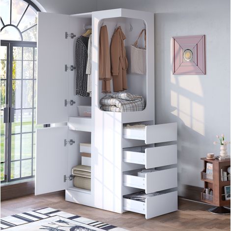Armario ropero de madera blanco/madera 70 x 40 x 170 cm con 1 puerta, 4 cajones y zona abierta para colgar (1/5)