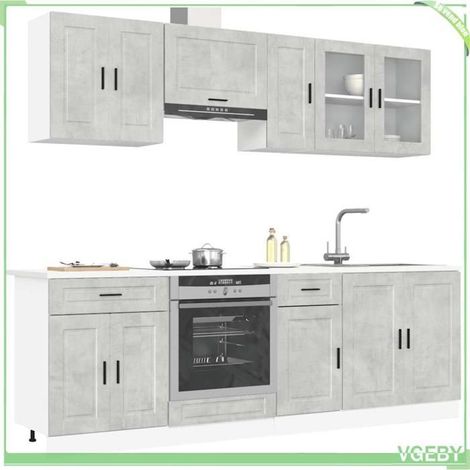Ensemble de 8 meubles de cuisine - Porto - Gris béton - Bois d'ingénierie & verre - Pieds réglables (1/5)
