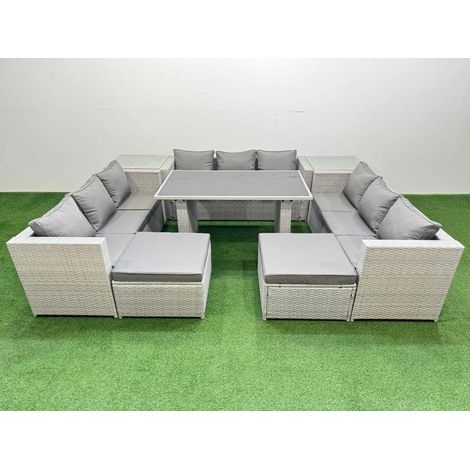 Fimous Patio Outdoor Garden Furniture Sets with Black Glass Top Dining Table 3 Seater Sofa 2 Side Tables 2 Big Stool Light Grey (1/5)