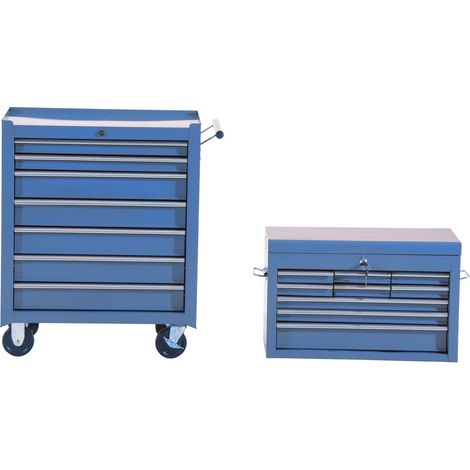 Coffre à outils mobile bleu, chariot d'atelier vide verrouillable avec tiroirs, compartiment outillage, clés et tapis antidérapants (1/2)
