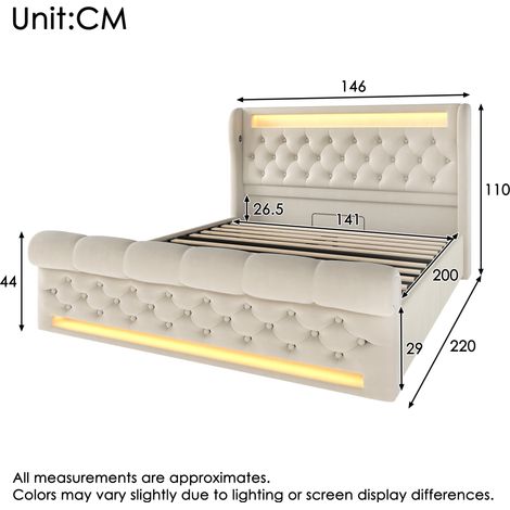Lit double moderne 140×200cm velours beige,LED,tête de lit USB/Type-C,rangement hydraulique,lit rembourré sans matelas