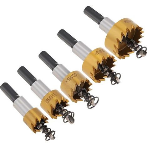 Set di 5 seghe a tazza HSS, da 16 a 30 mm (da 5/8 a 1 3/16 pollici). Set di seghe a tazza con punte da trapano rivestite in titanio. Set di utensili robusto per acciaio inossidabile. (1/5)