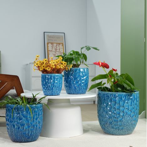 Vaso per piante in ceramica Ø18 cm con foro di drenaggio, blu lucido martellato HAVRYA (1/5)