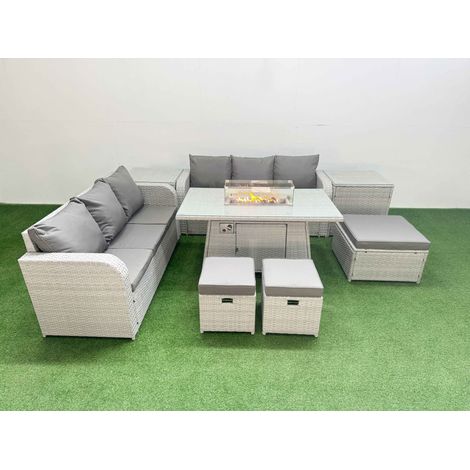 Fimous Outdoor Garden Furniture Sets 9 Seater Wicker Rattan Furniture Sofa Sets with Firepit Dining Table high Back Lounge Sofa 3 Stools 2 Side Table Light Grey (1/4)