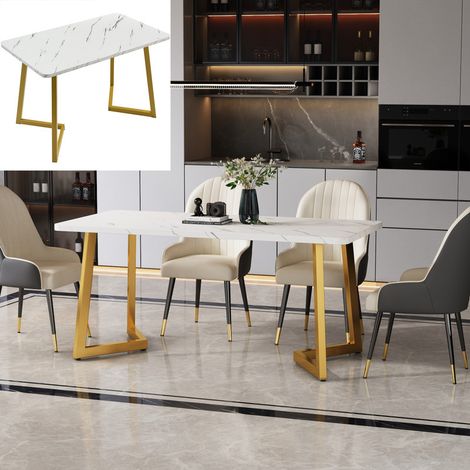 Table à Manger - Imitation Marbre - Pieds Dorés - 117x68cm - Pour Salle à Manger/Salon - Blanc et Or (1/5)