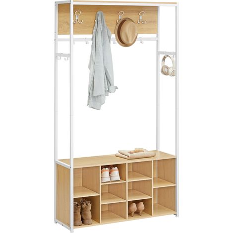 Porte-Manteau, Meuble d’Entrée, avec Étagères à Chaussures, Étagères Réglables, Compartiments Ouverts, Style Industriel, pour Entrée, Couloir, Doré Chêne et Blanc Nuage HSR432YA01 (1/5)