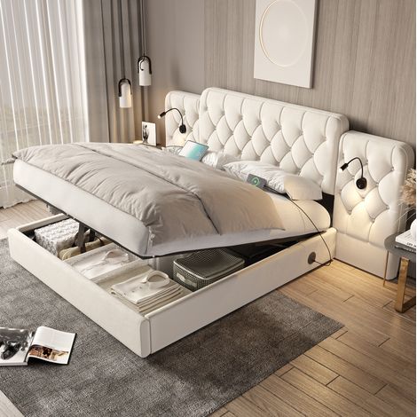 Letto contenitore con testiera allungata 247x208x105 cm, luci da lettura, porte USB, velluto beige (1/5)