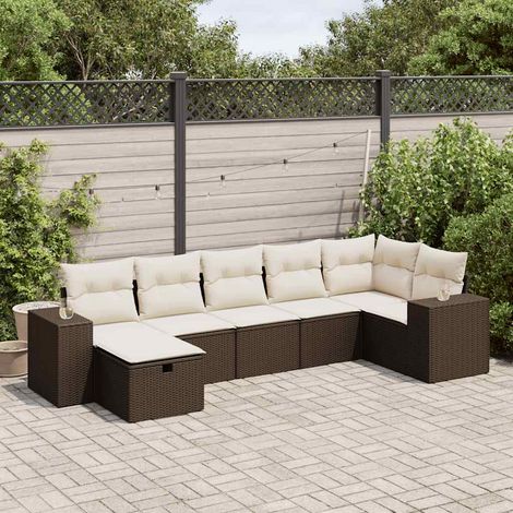 Canapé 7 Places Salon Jardin Modulable Marron Résine Tressée avec Coussins et Rangement (1/5)