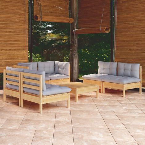 Salon de jardin 7 pcs Ensemble Table et Chaise de Jardin - avec coussins gris Bois de pin massif BV838198 - BonneVie (1/5)