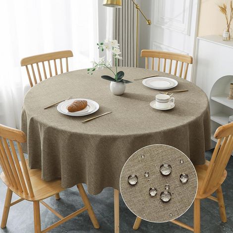 Runde Tischdecke 160cm, Kaffee Braun, Leinen-Optik, Wasserabweisend, Kratzfest