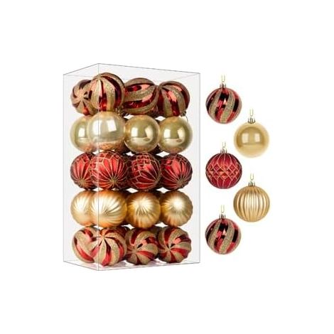 Lot de 30 Pcs 60mm Boules de Noël colorées en Plastique incassable pour Sapin de Noël, décoration de fête, Mariage,Or & Rouge