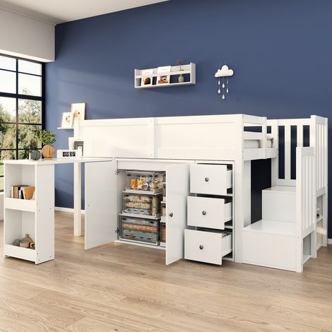 Lit mezzanine enfant 90x200,lit superposé enfant avec bureau escamotable et compartiment de rangement latéral,armoire,tiroir,MDF, blanc