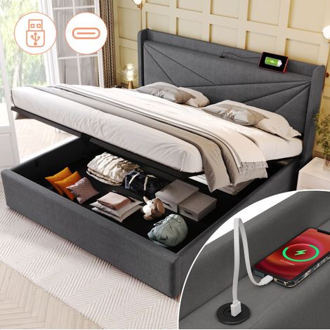 Cama tapizada 160/200 cm gris de lino y metal con almacenaje y cabecero con USB y USB-C (1/5)