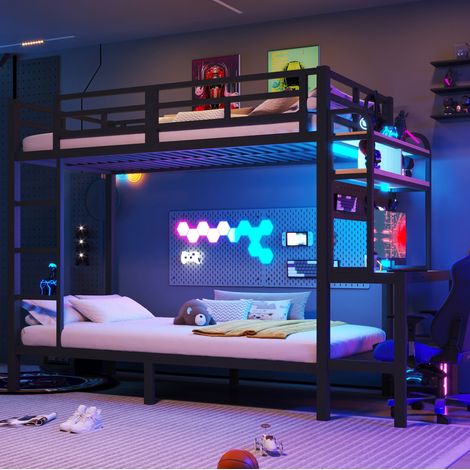 Cama litera 90 x 200 cm con escritorio, estantes, tira LED, puerto USB, negro OKMYHOME (1/5)