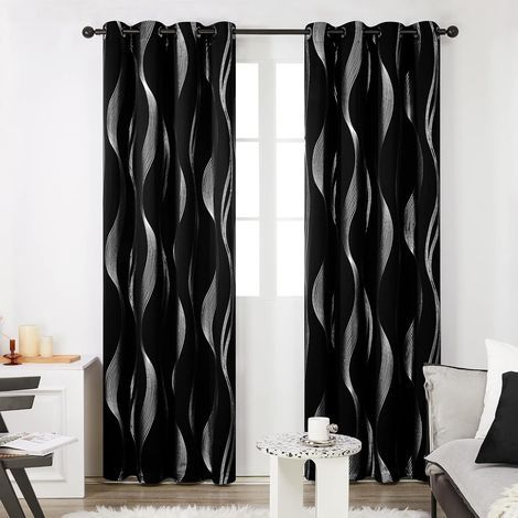 Lot de 2 Rideaux Salle à Manger Cuisine Chambre à Oeillets, 132x244cm, Halloween Noir, Motif Ligne Rideau de Porte Argenté Occultant Thermique L’hôtel Intérieur (1/5)
