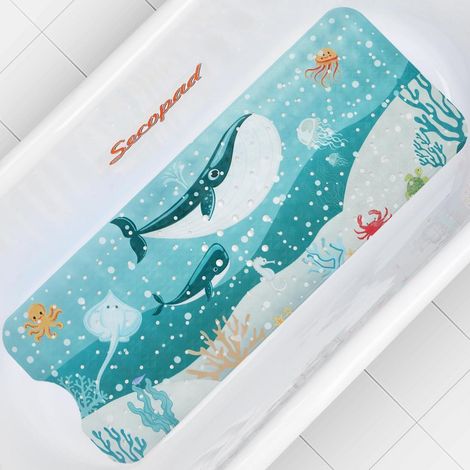 Tapis de bain antidérapant enfant 100x40cm motif baleine, lavable en machine, sans BPA (1/5)