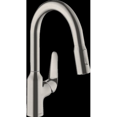 Hansgrohe Focus M42 - Miscelatore da lavello M429-H180 con doccetta estraibile, simil inox 71801800 (1/2)