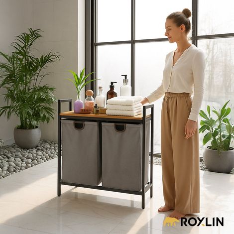 Roxlin Wäschekorb mit Ablage – Wäschesortierer aus Metall & Bambus für Bad, Schlafzimmer & Waschküche – 2 Fächer – Grau