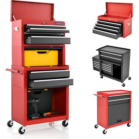 2-In-1 Lockable Tool Storage Cabinet High Capacity Rolling Tool Chest 6-Drawers