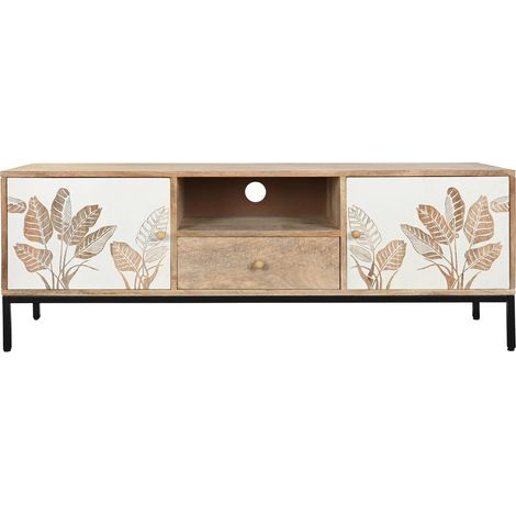 Meuble TV en bois de manguier et pieds en métal noir - Longueur 140 x Profondeur 40 x hauteur 50 cm -PEGANE- (1/5)
