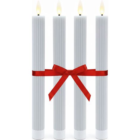 Relaxdays LED taper candles, set of 4, HxD: 25 x 2 cm, flickering flame, real wax, grooves, flameless, light grey