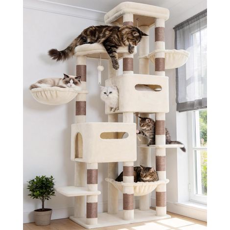 Arbre à Chat 190cm avec Base Élargie et Ultra-Stable, Tour à Chat XXL pour Grand Chat, Meuble Chat avec 2 Nids, Perchoir, Hamac, Poteaux à Gratter en Sisal, Beige HCT062MJ (1/5)