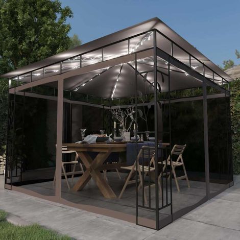 vidaXL Tonnelle avec moustiquaire et lumières Led 3x3x2,73 m Taupe (1/5)