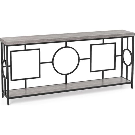 Tavolo consolle moderno a 2 ripiani stile mid-century, Tavolo consolle stretto per ingresso con struttura in metallo Marrone rustico e nero (1/4)