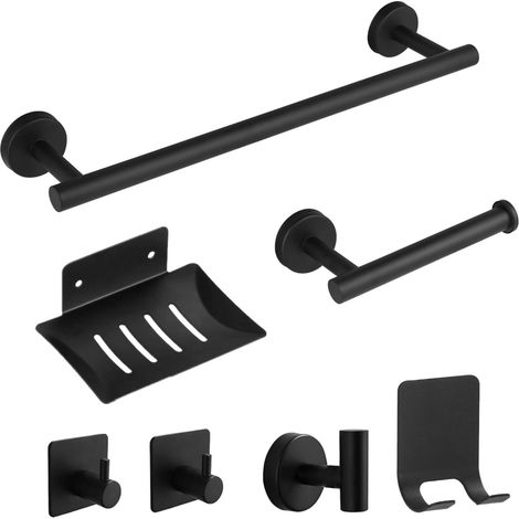Conjunto de inodoro de baño suspendido de acero inoxidable negro con portarrollos de papel higiénico y toallero.