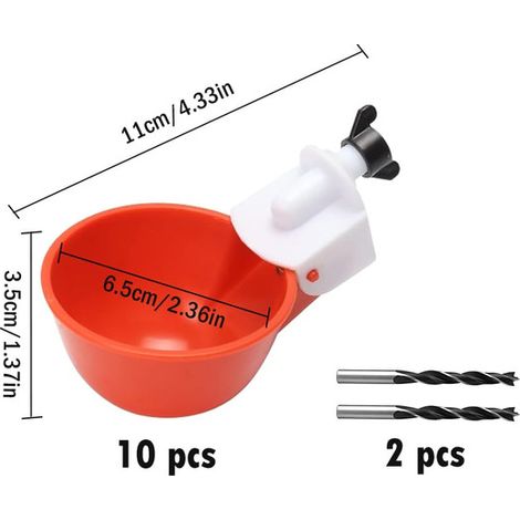 Abreuvoir Automatique pour Poules et Volailles - Lot de 10 Tasses d'arrosage Automatiques pour Poulet, Canard, Oie, Caille et Oiseaux - Kit d'alimentation en Eau avec Forets pour Seau et Tonneau