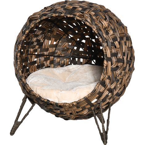 Maison pour chat en rotin avec coussin, lit pour chat, niche pour chat avec pieds surélevés, marron, Ø52 x 58 cm (1/5)