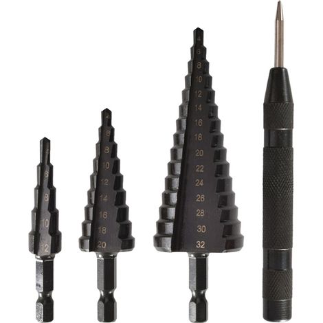 Lot de 4 forets à bécher escalier acier à roulement nitrure noir pour tôle fine acier PVC bois