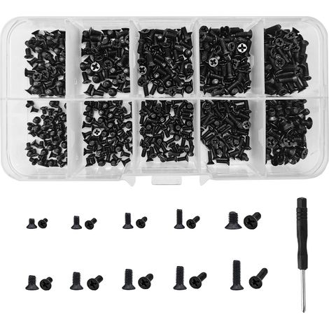 Lot de 600 vis M2 M2,5 M3 pour ordinateur portable, vis cruciformes à tête plate, vis de rechange pour ordinateur portable, vis à métaux noires avec mini tournevis (1/5)