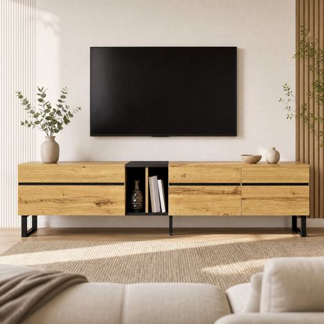 Mueble TV bajo 180x38x45 cm en paneles de madera color madera, con almacenamiento FloraGrace (1/5)