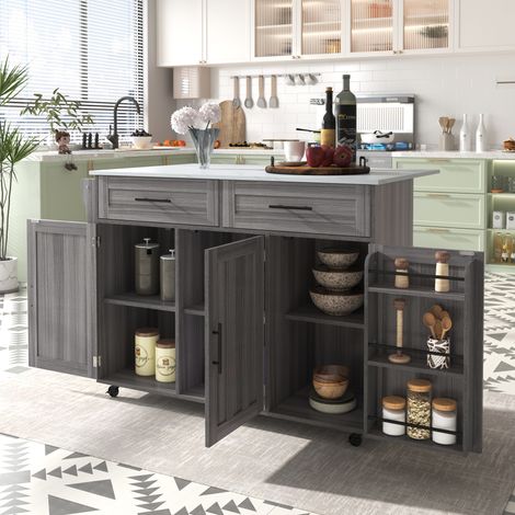 MEUBLIV Desserte de cuisine 129x46 cm gris et blanc – plateau extensible, roulettes (1/5)