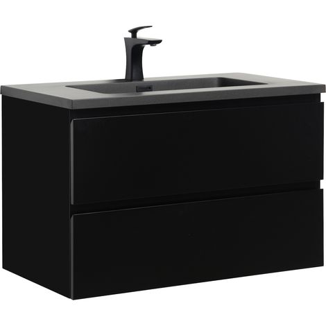 Badplaats – Meuble double vasque 80 cm – Lavabo en marbre noir mat – 2 tiroirs soft-close – Dimensions meuble 794x476x500 mm