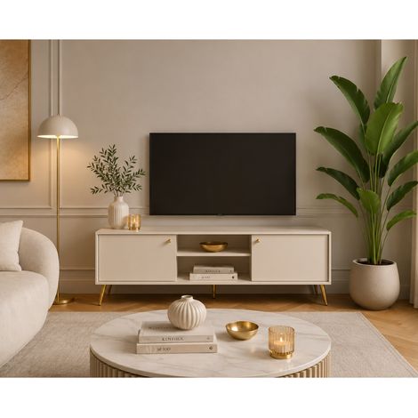 Meuble tv moderne beige cachemire et pied or EZIA (1/4)