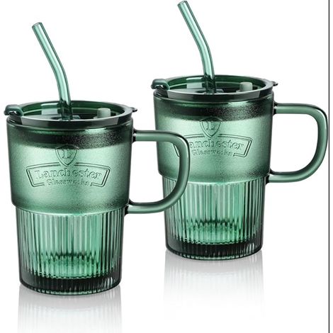 Green Water Glasses with Lid and Straw, 450 ml Airtight and Leak-Proof Design, Coffee Cup with Handle, Drinking Glass for Iced Latte, Tea, Juice, Dishwasher Safe (1/5)