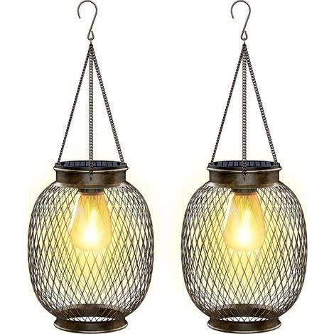 Lampe Solaire Exterieur Jardin Suspendue, IP65 Étanche Lanterne Solaire Exterieur 2 Pièces Métal Lumiere Solaire Exterieur avec Ampoule LED Lampe Solaire Balcon pour Porche Cour Jardin Terrasse [Class (1/5)