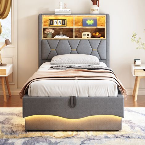 Lit enfant 90×200cm lin gris,rangement hydraulique,LED contrôlées par APP,port USB charge,base lattes métalliques,lit sécurisé et moderne