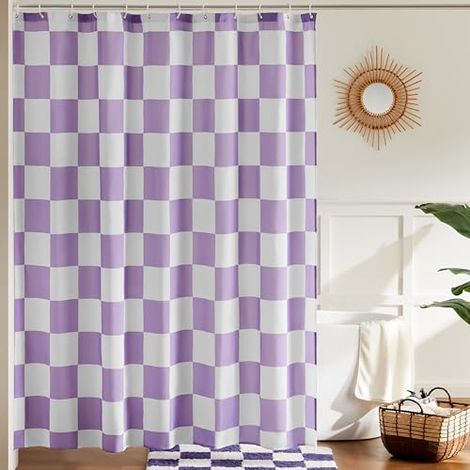Rideau de douche à carreaux violets, style rétro et élégant, lavable, 180 x 180 cm (1/5)