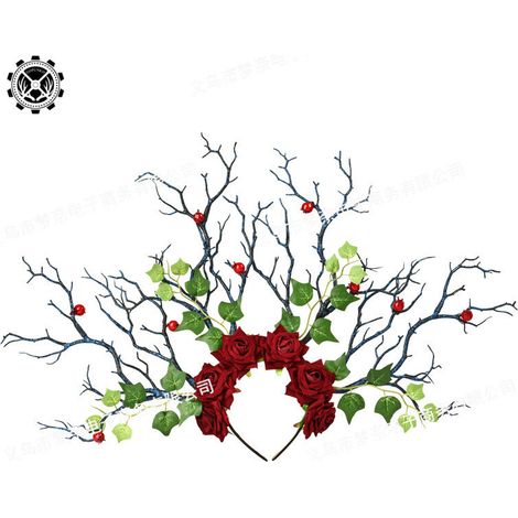Coiffe rétro et unique en branches d'arbre avec cornes factices et papillons, coiffe de cosplay, style gothique de Noël avec des roses Guay (1/5)